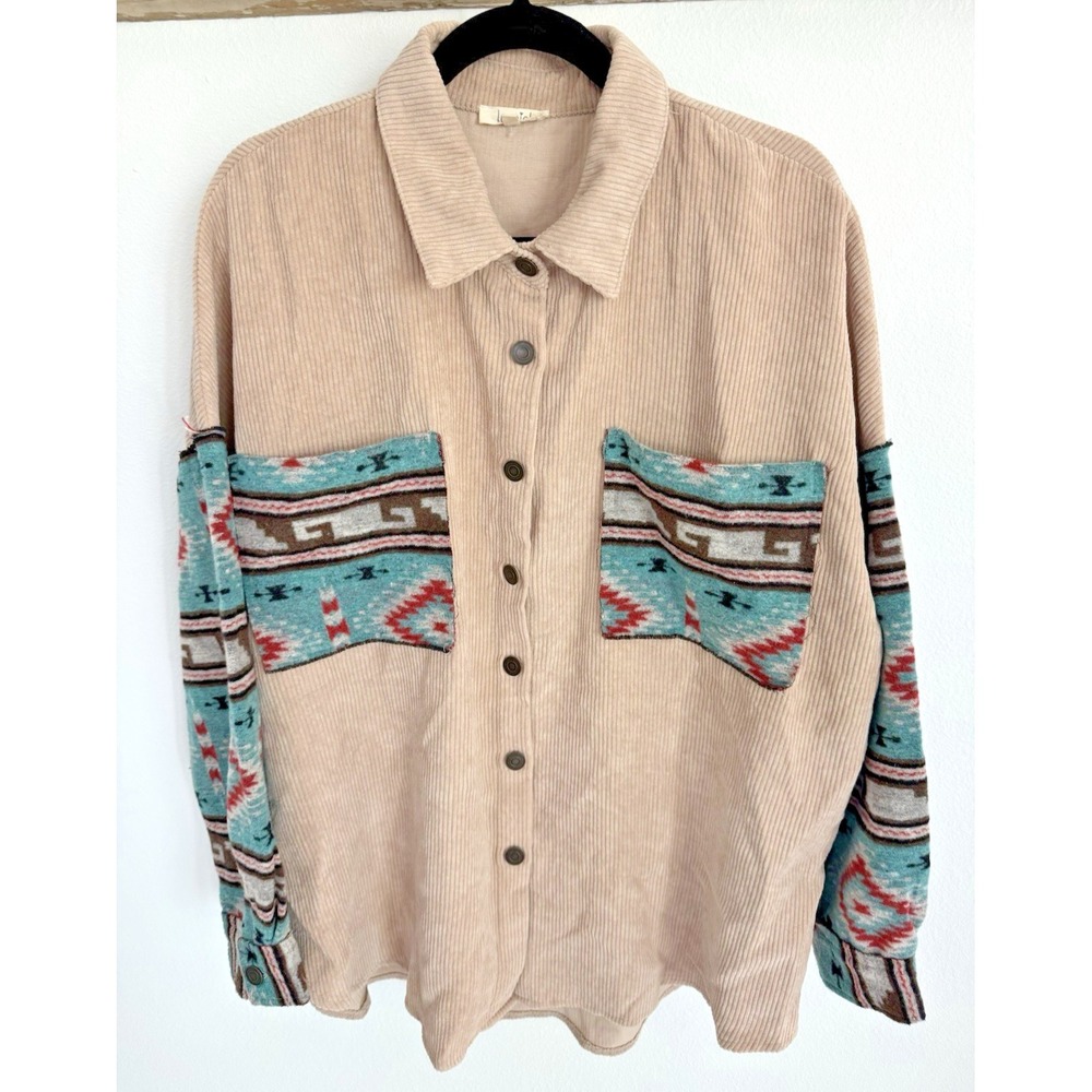 La Miel Corduroy Ethnic Aztec Distressed Shacket Sz L Oversized Southwestern